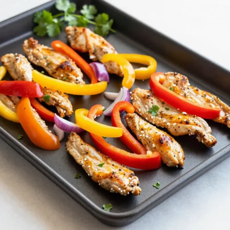 A sheet pan filled with cooked chicken fajitas, colorful bell peppers, and onions, garnished with fresh cilantro.