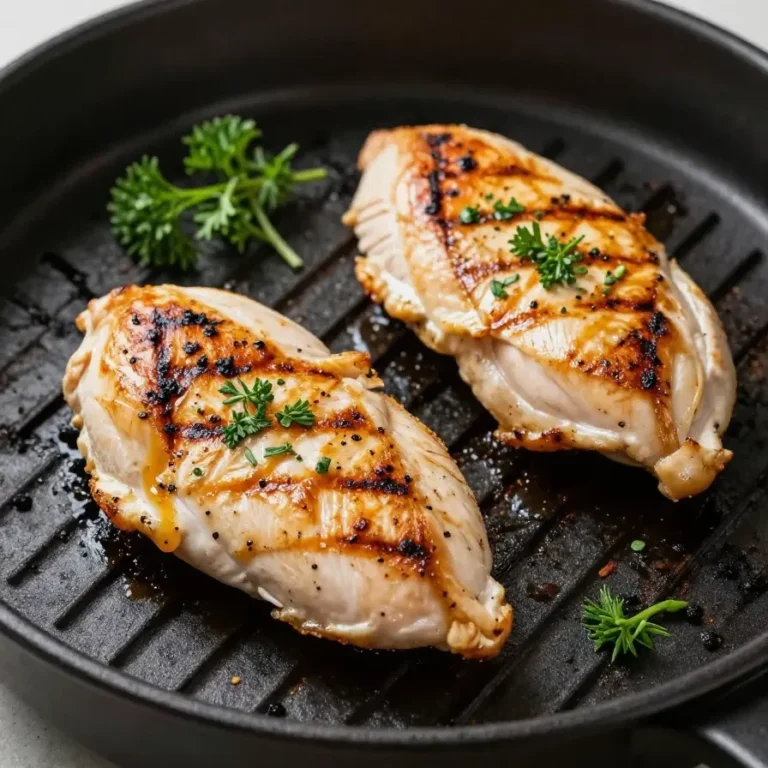 A perfectly grilled chicken breast served on a white plate with garnish.
