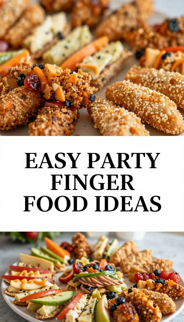 A platter of colorful finger food appetizers including mini sandwiches, skewered vegetables, and bite-sized snacks for a party.