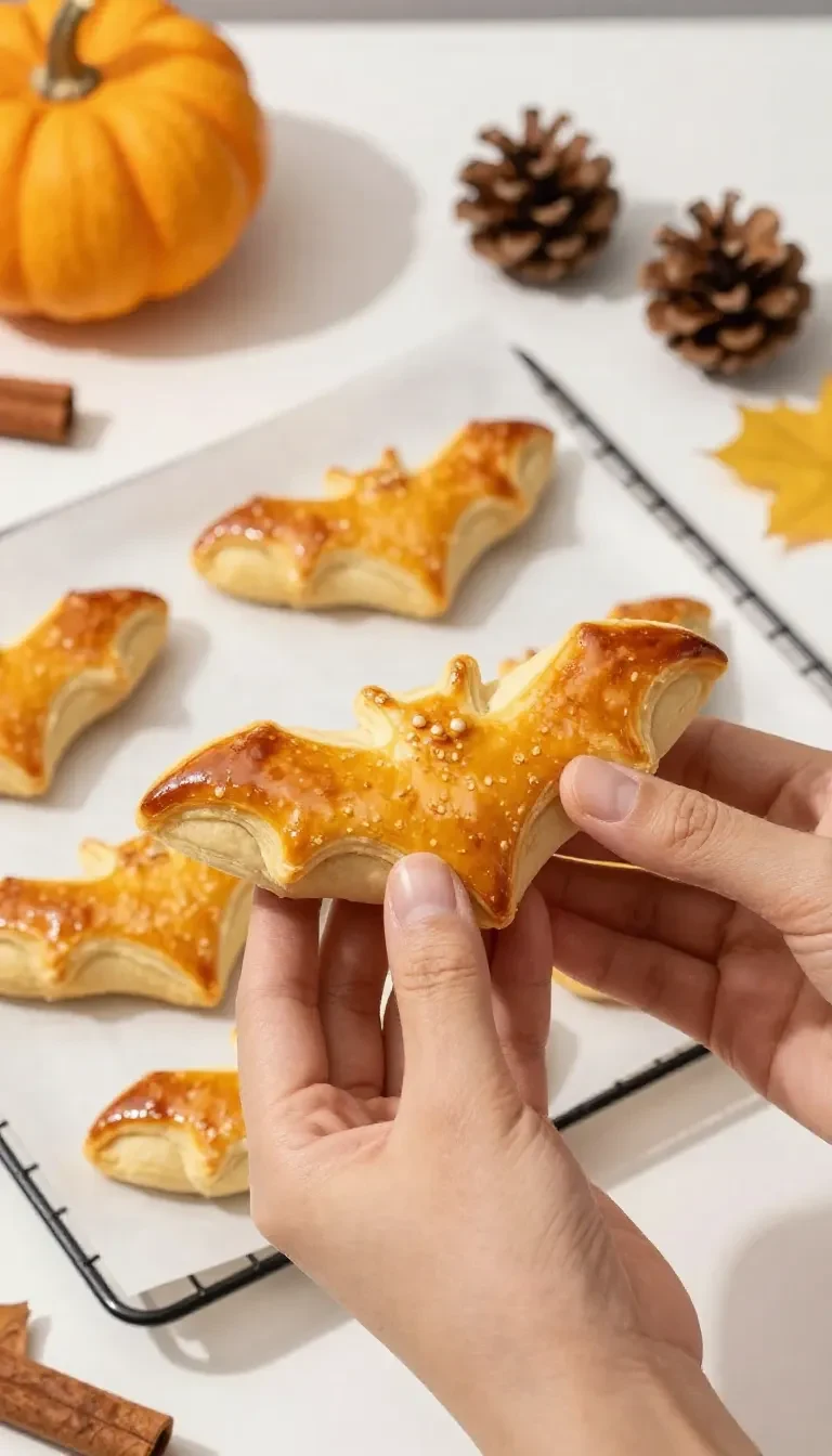 Decorative puff pastry bats arranged on a wooden table.