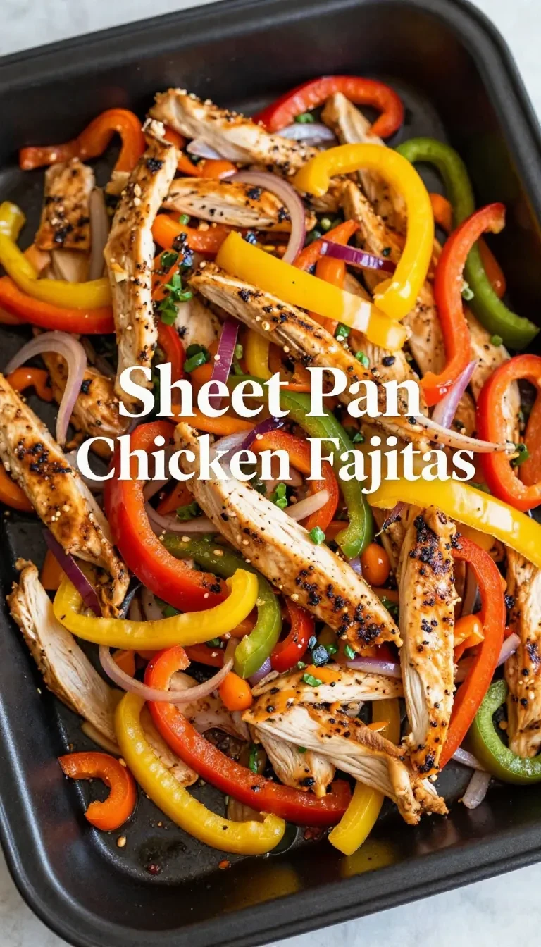 A sheet pan filled with cooked chicken fajitas, colorful bell peppers, and onions, garnished with fresh cilantro.