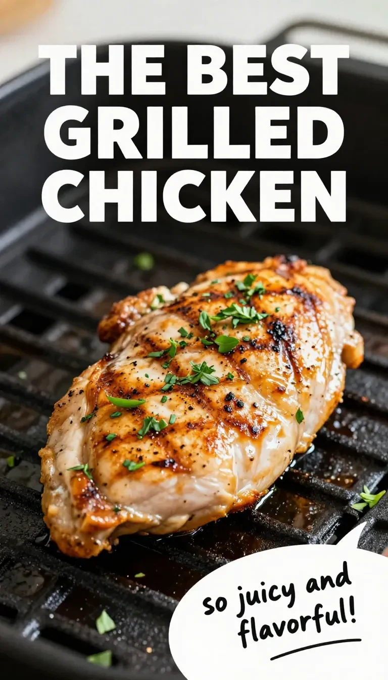 A perfectly grilled chicken breast served on a white plate with garnish.