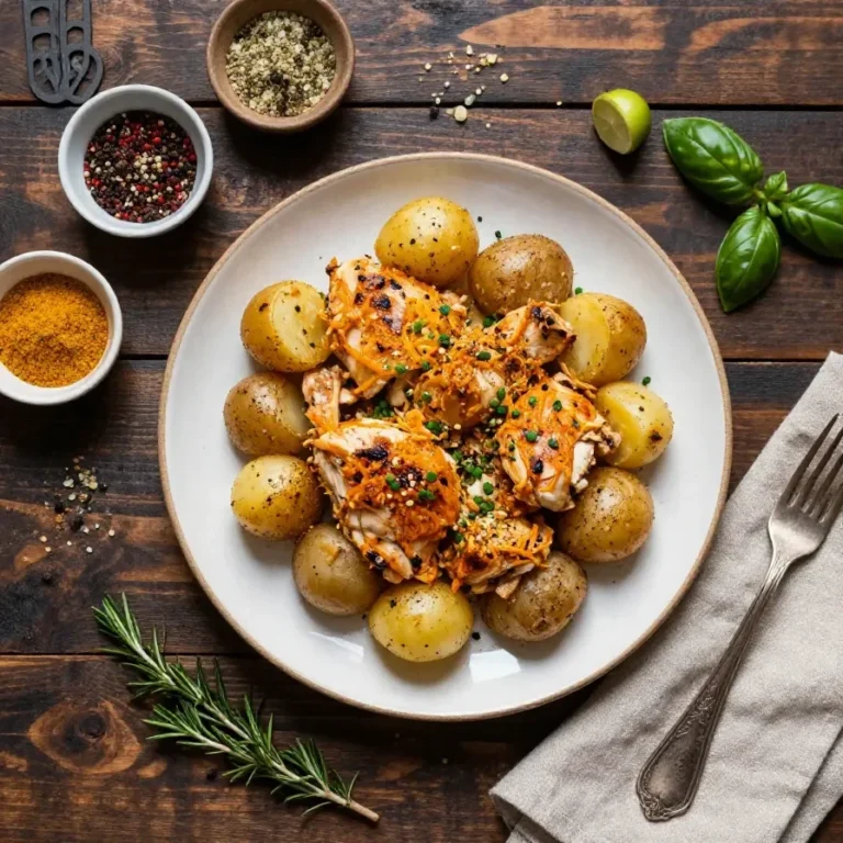 A close-up of garlic parmesan chicken and potatoes cooked in a crockpot, garnished with fresh parsley.