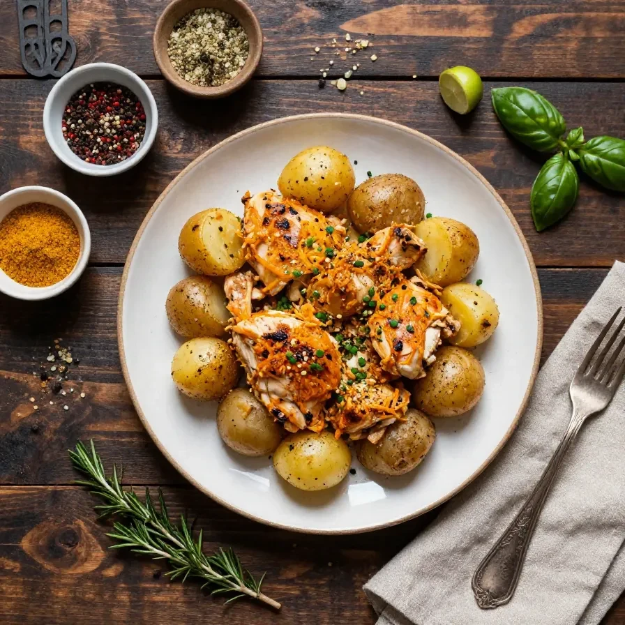 A close-up of garlic parmesan chicken and potatoes cooked in a crockpot, garnished with fresh parsley.