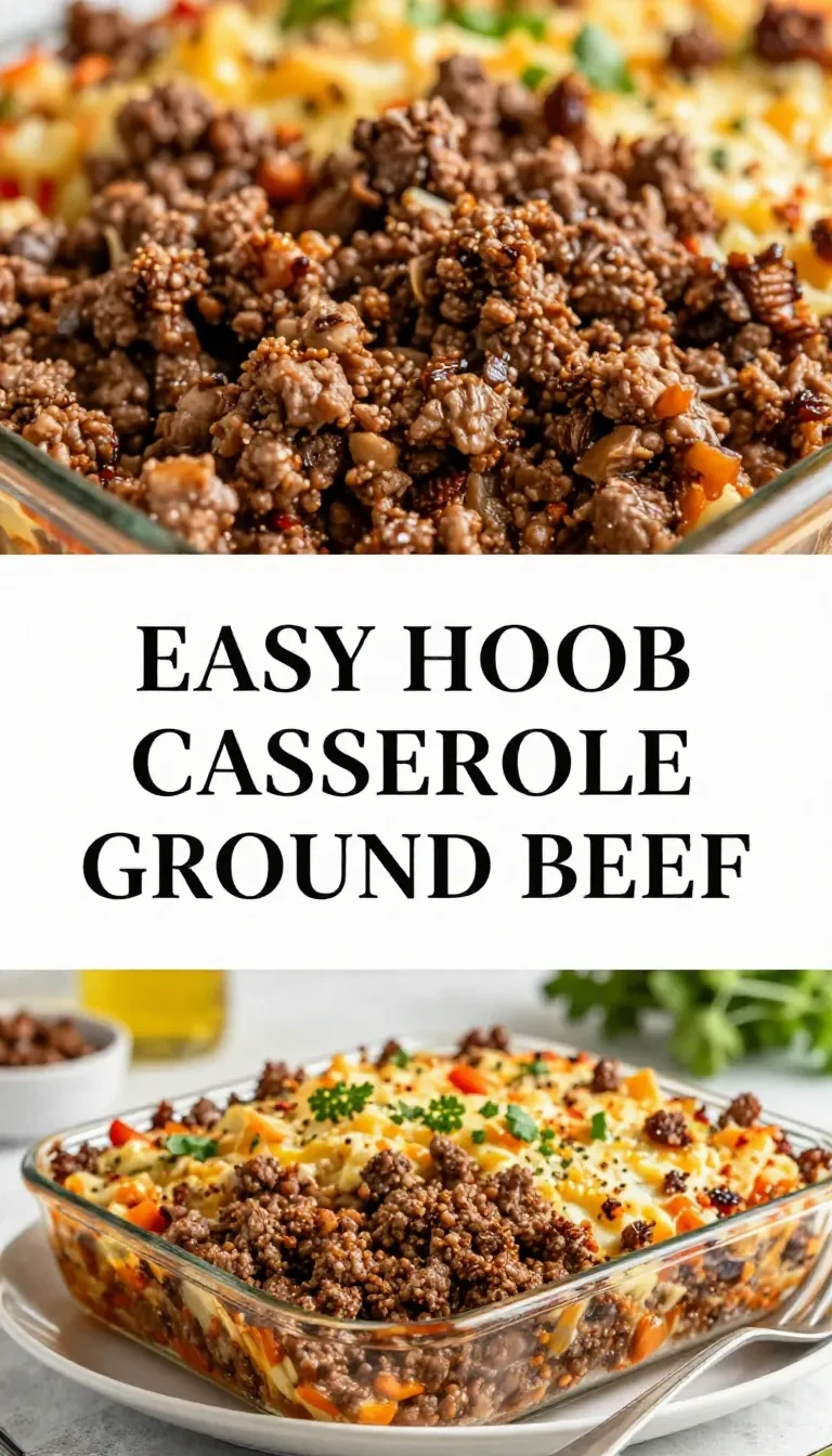 A hearty hobo casserole made with ground beef, potatoes, and melted cheese in a baking dish.