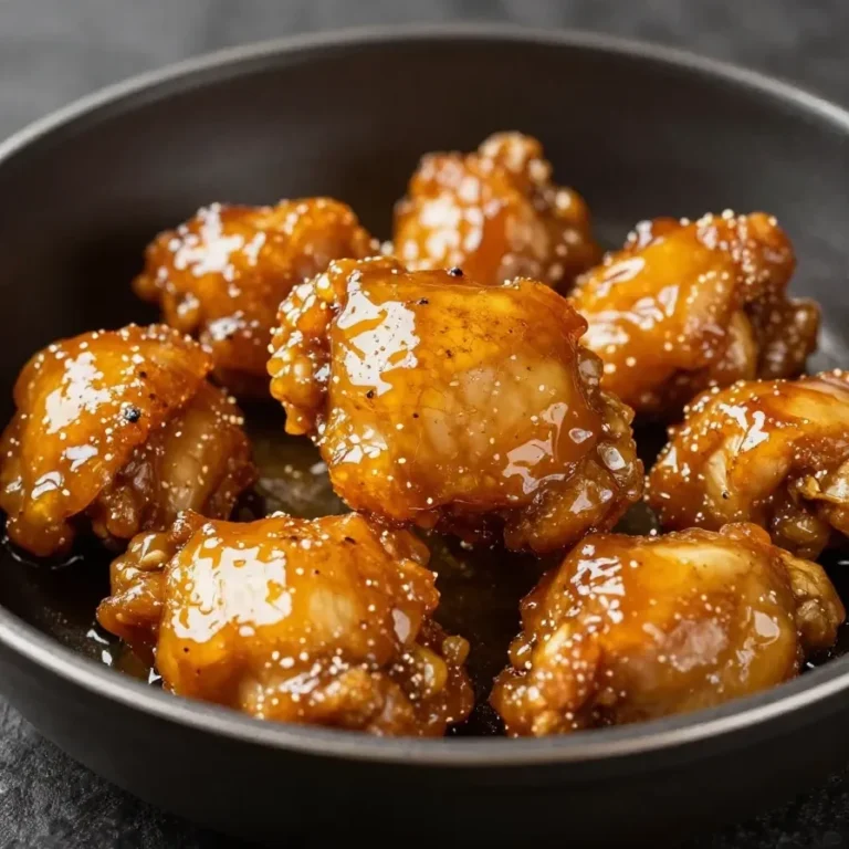 Close-up of sticky honey chicken garnished with sesame seeds and green onions on a white plate.