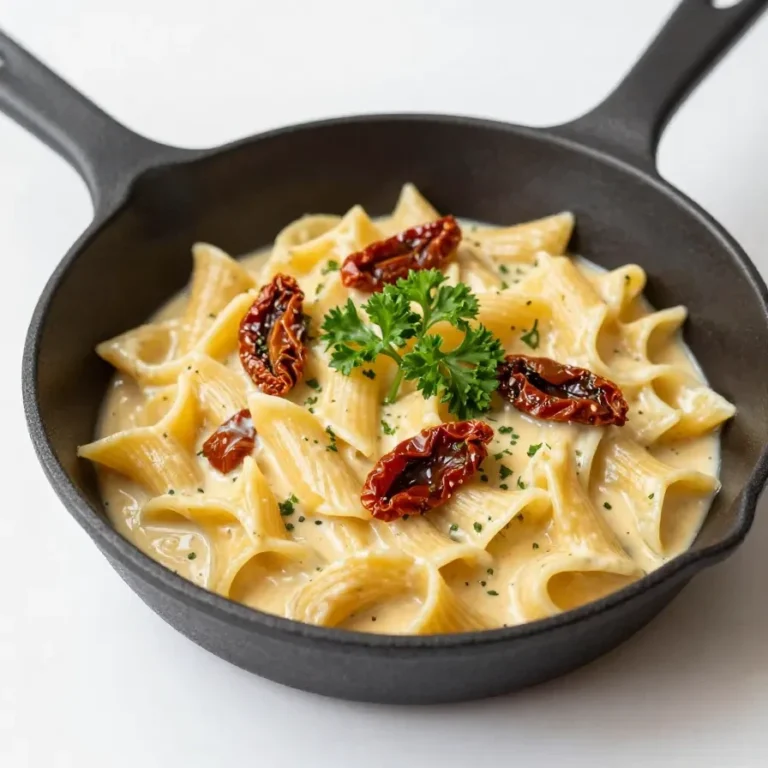 A bowl of creamy vegan pasta topped with sun-dried tomatoes and fresh basil.