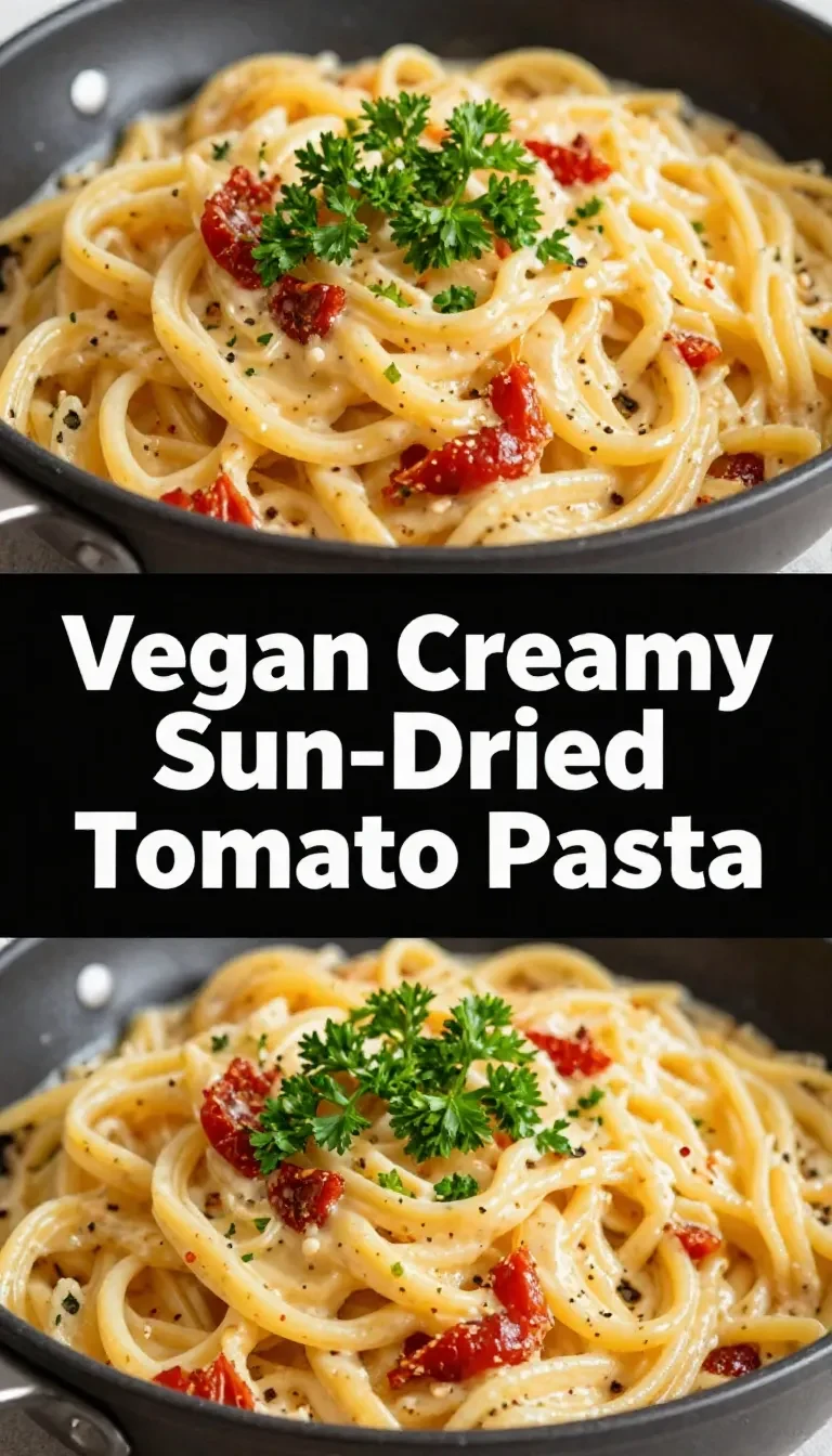 A bowl of creamy vegan pasta topped with sun-dried tomatoes and fresh basil.