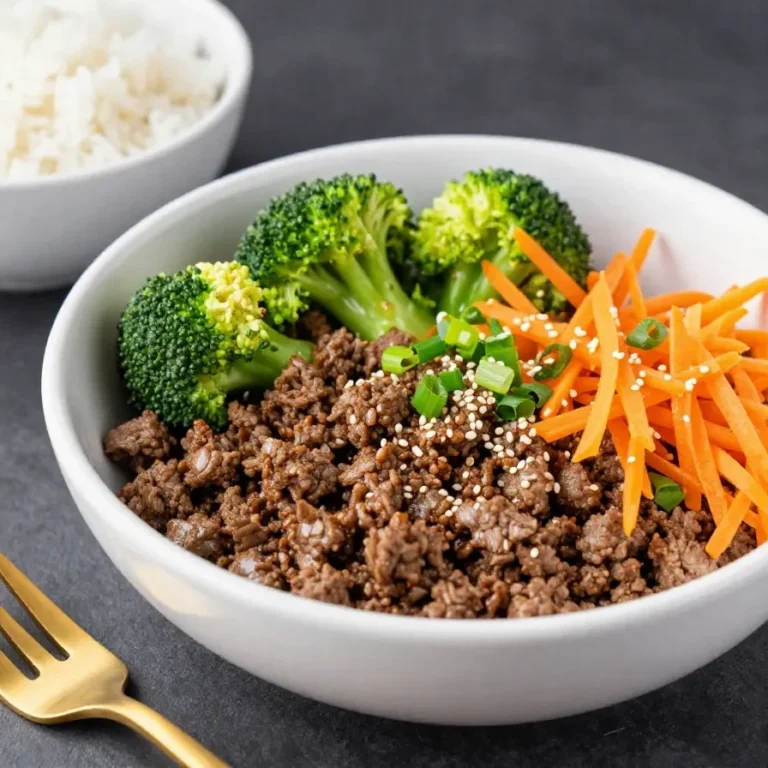 A vibrant plate of ground beef teriyaki stir fry with colorful vegetables served on a wooden table.