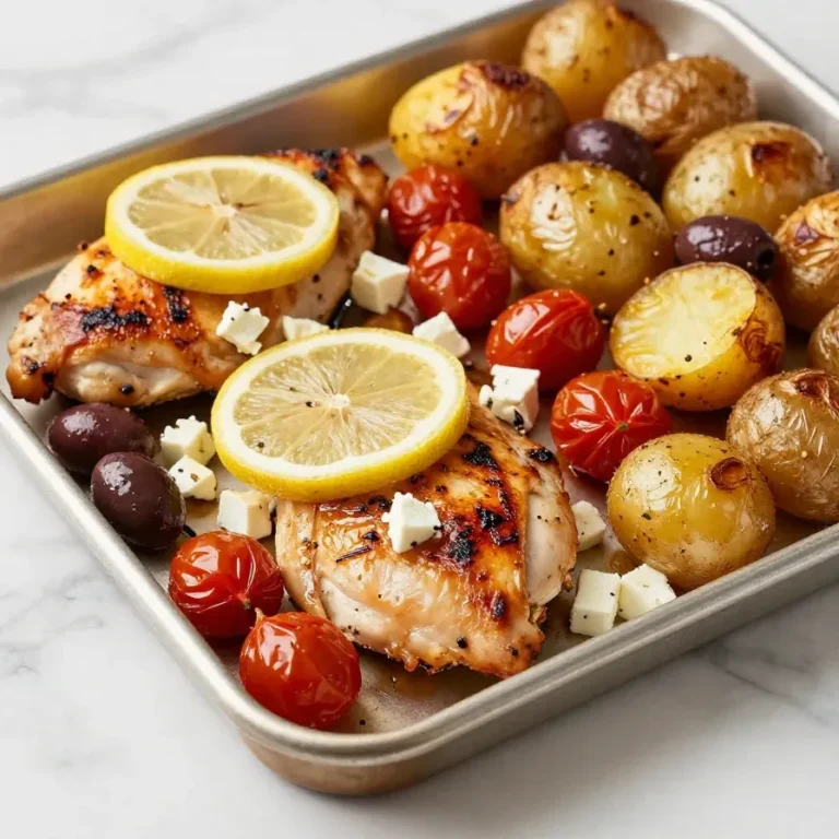 A sheet pan filled with roasted green chicken, vegetables, and herbs.