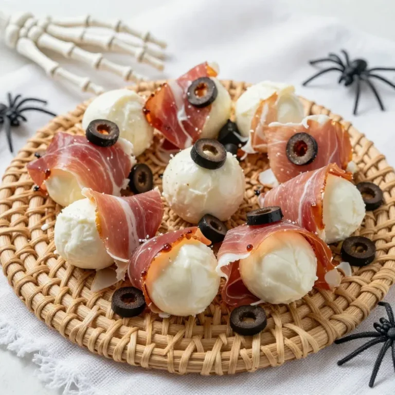 A spooky Halloween appetizer featuring mozzarella balls designed to look like eyeballs with olives and red food coloring.