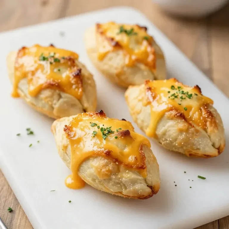 Close-up of golden-brown Buffalo chicken pizza pinwheels served on a white plate.