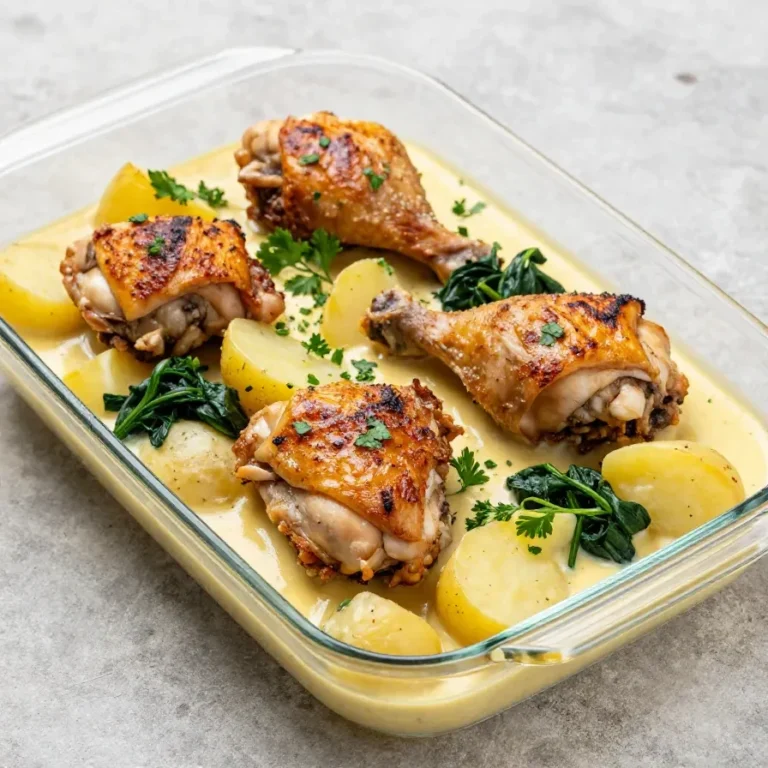 A close-up of roasted chicken and potatoes topped with garlic parmesan cream sauce on a white plate.