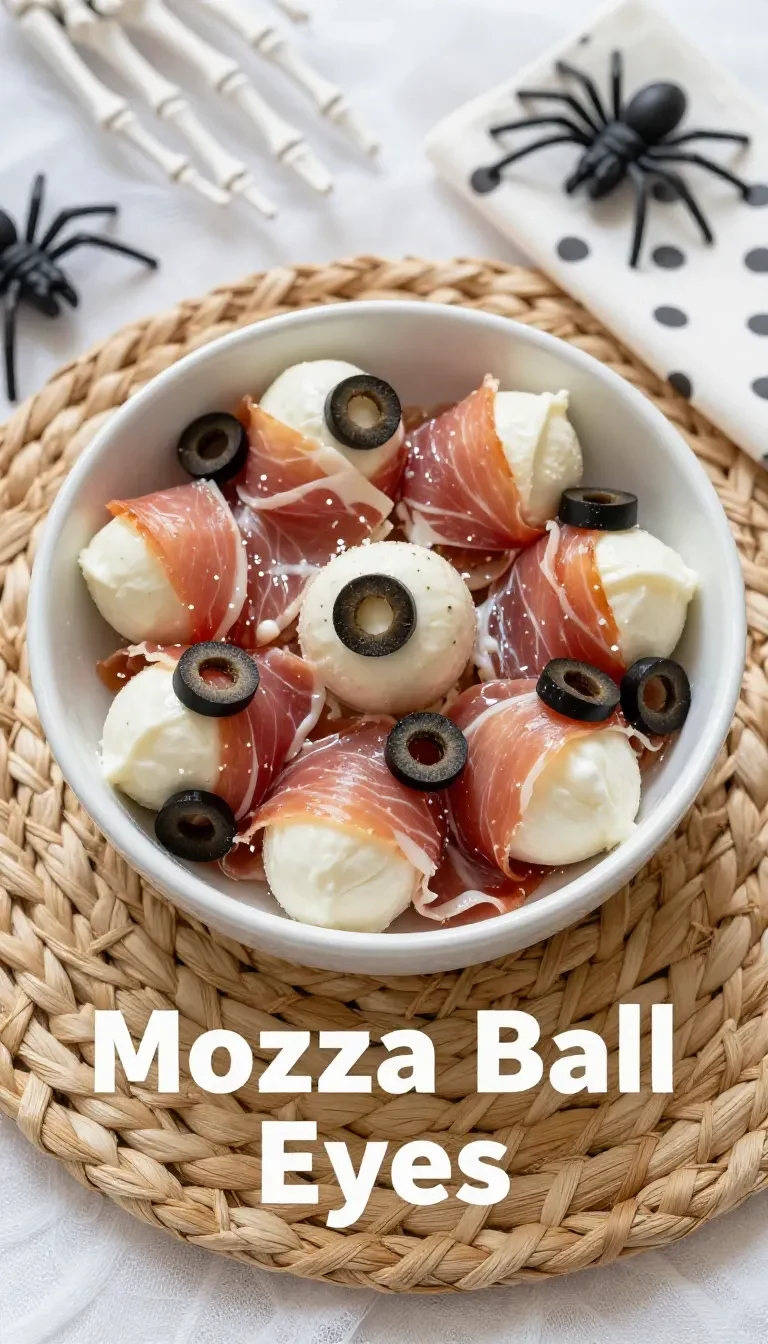 A spooky Halloween appetizer featuring mozzarella balls designed to look like eyeballs with olives and red food coloring.