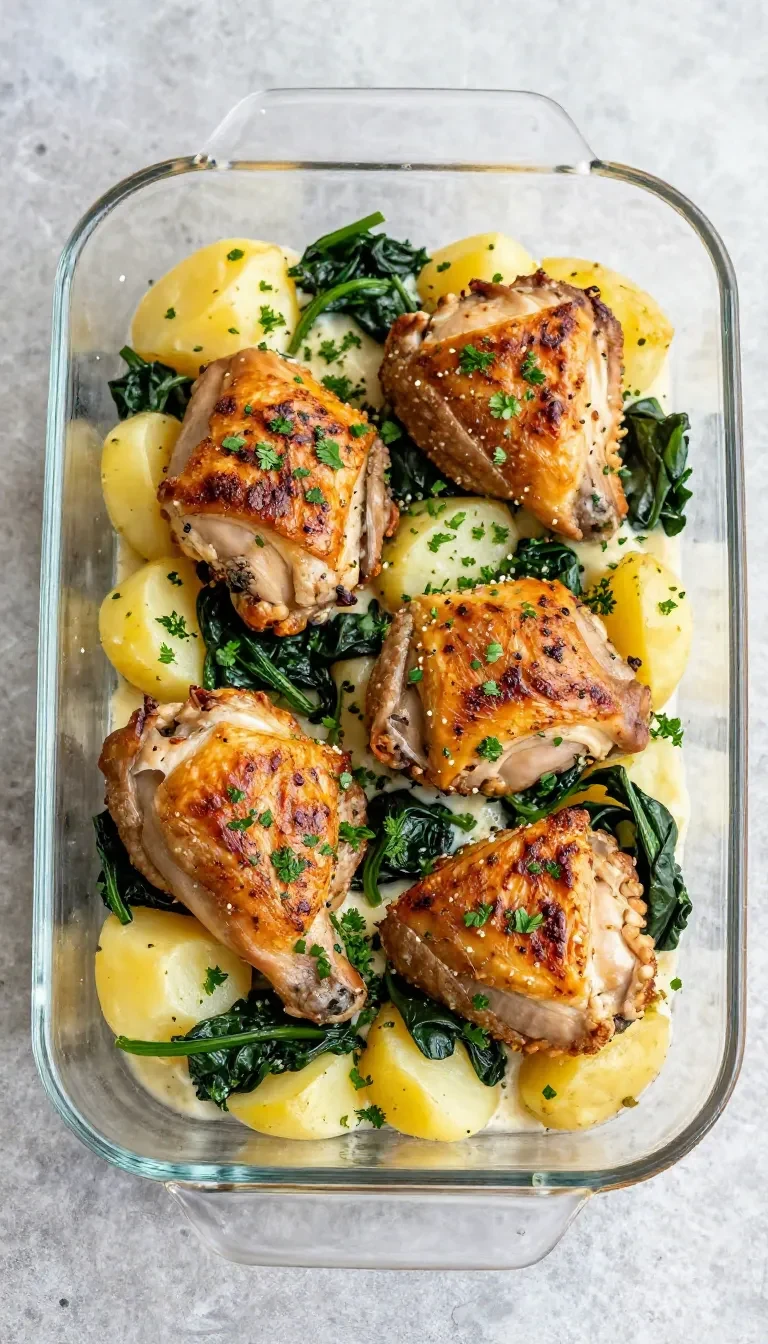 A close-up of roasted chicken and potatoes topped with garlic parmesan cream sauce on a white plate.