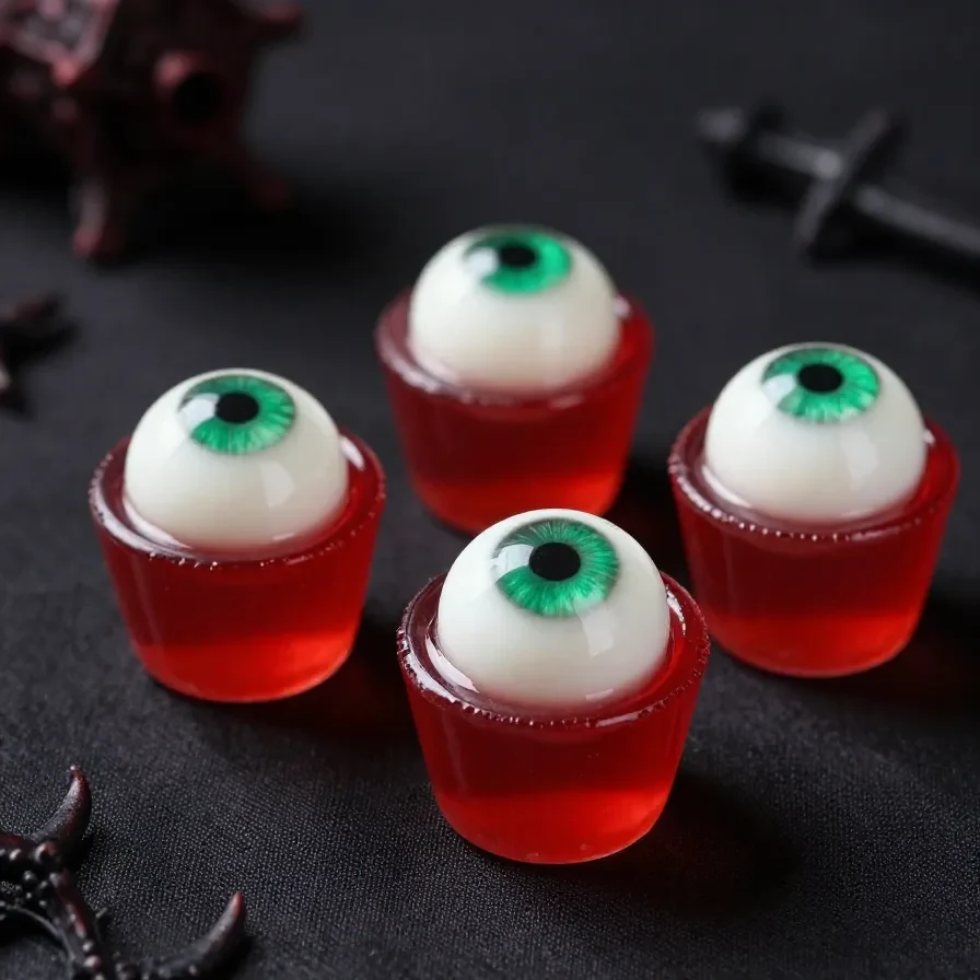 Close-up of Halloween eyeball jello shots served on a festive table.