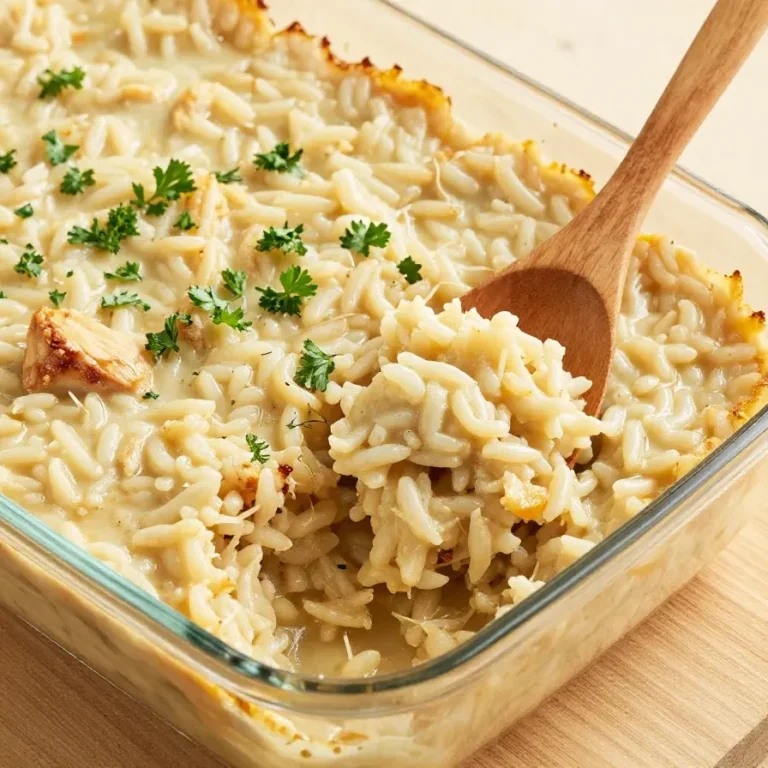 A close-up of a golden-brown chicken and rice casserole topped with fresh parsley in a white baking dish.