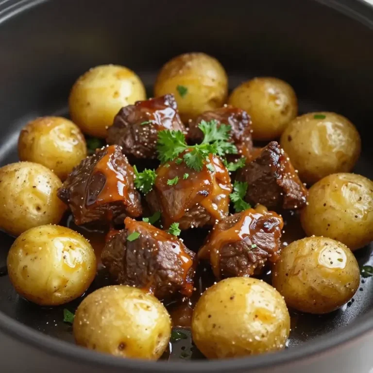 A plate of slow cooker garlic butter beef bites served with golden potatoes, garnished with fresh parsley.