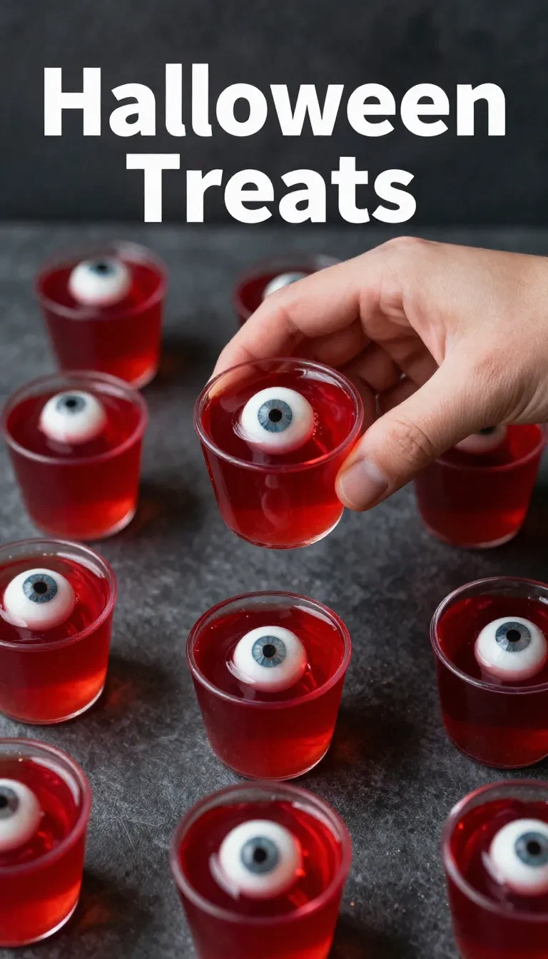 Close-up of Halloween eyeball jello shots served on a festive table.