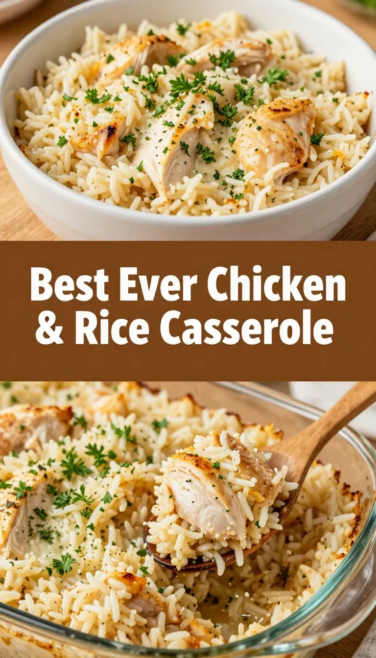 A close-up of a golden-brown chicken and rice casserole topped with fresh parsley in a white baking dish.