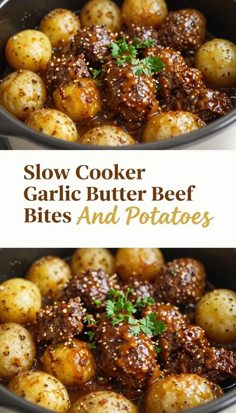 A plate of slow cooker garlic butter beef bites served with golden potatoes, garnished with fresh parsley.