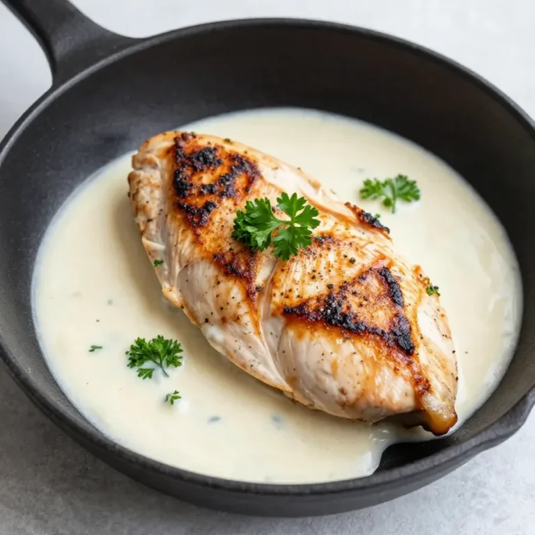 A plate of creamy chicken topped with a tangy herb sauce, served with a side of vegetables.