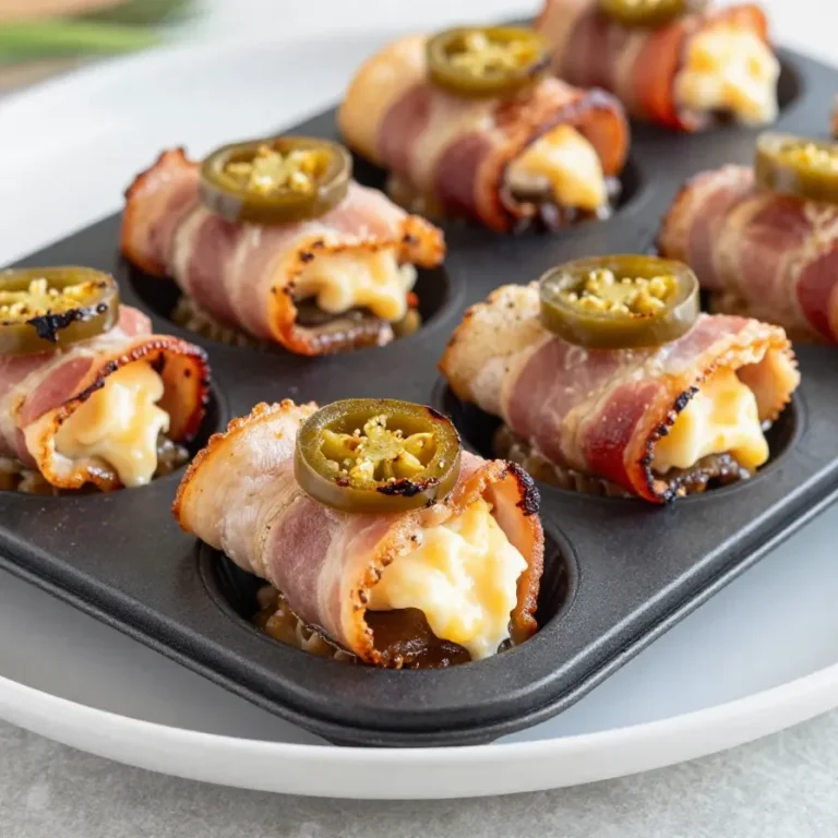 Close-up of oven-baked pig shots wrapped in bacon and topped with melted cheese.