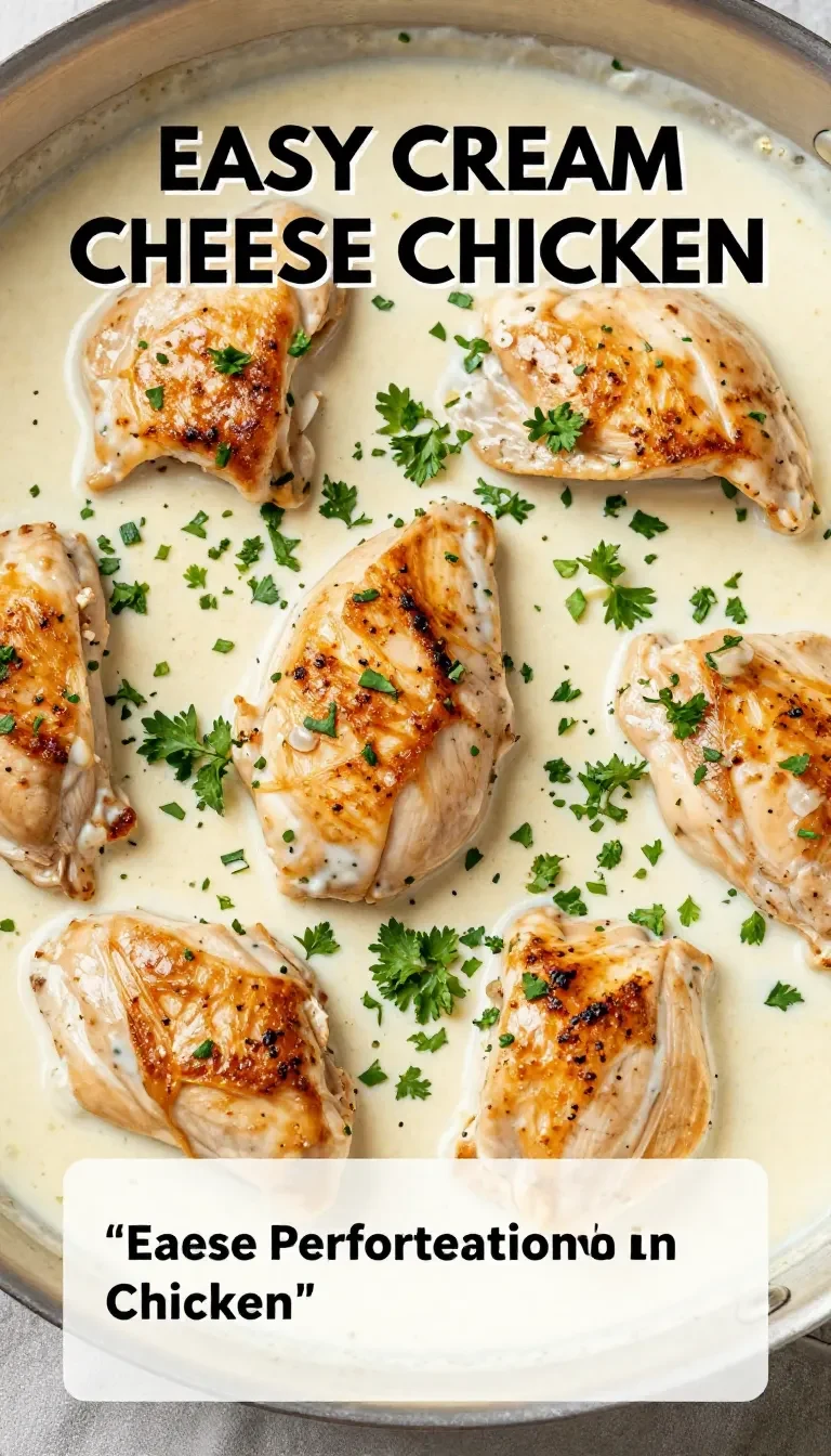 A plate of creamy chicken topped with a tangy herb sauce, served with a side of vegetables.