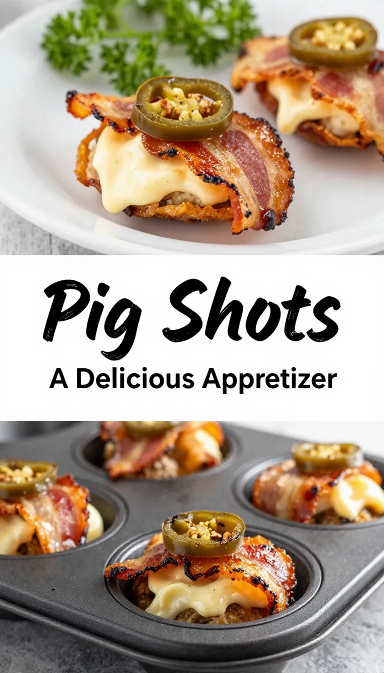 Close-up of oven-baked pig shots wrapped in bacon and topped with melted cheese.
