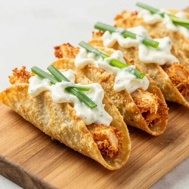 A plate of crispy buffalo chicken taquitos served with dipping sauce.