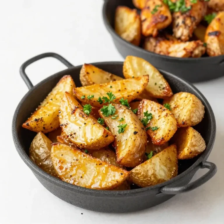A skillet filled with garlic butter chicken and golden-brown potatoes garnished with fresh parsley.
