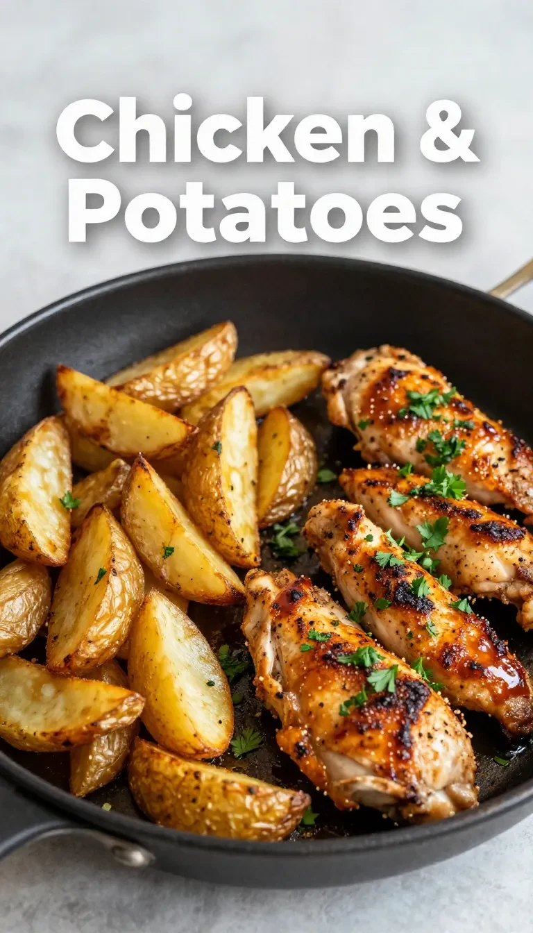 A skillet filled with garlic butter chicken and golden-brown potatoes garnished with fresh parsley.