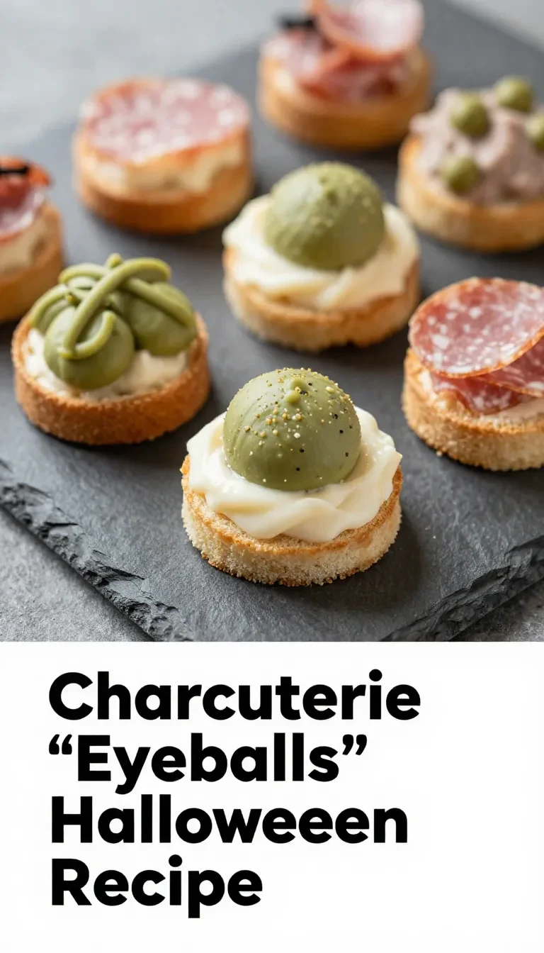 A spooky charcuterie board featuring eyeball-shaped appetizers made of cheese, olives, and meats for Halloween.