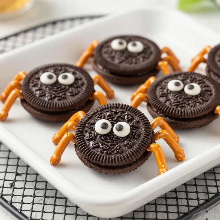 A plate of spooky Oreo cookies decorated with white frosting and googly candy eyes on a dark background.