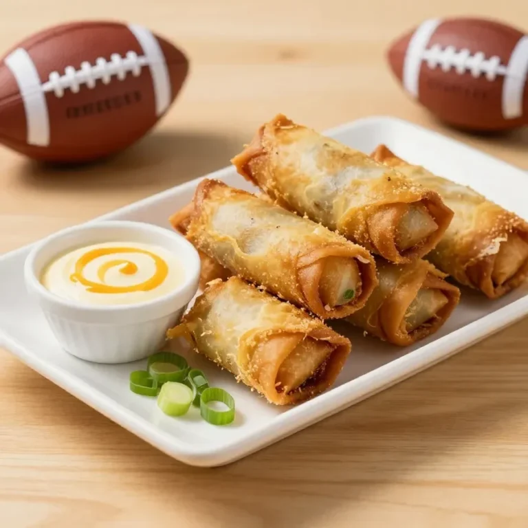 Crispy buffalo chicken egg rolls served with a side of creamy ranch dressing.