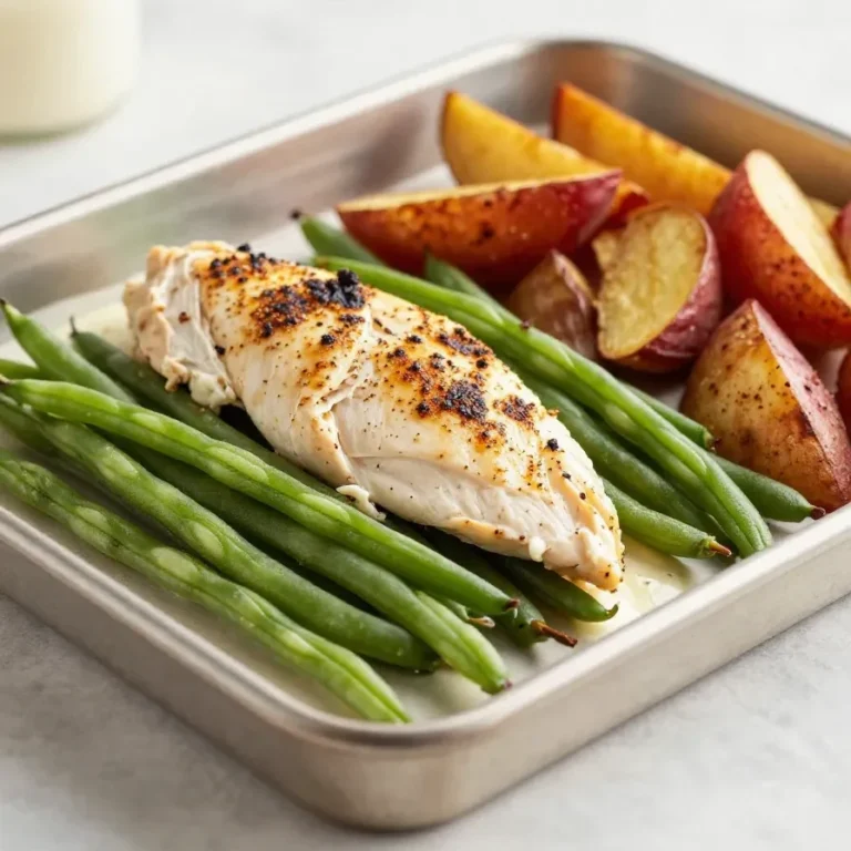 A one-pan meal featuring roasted chicken thighs, green beans, and diced potatoes on a baking sheet.