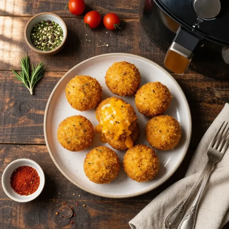 Cheesy taco bombs served on a plate, freshly cooked in an air fryer.
