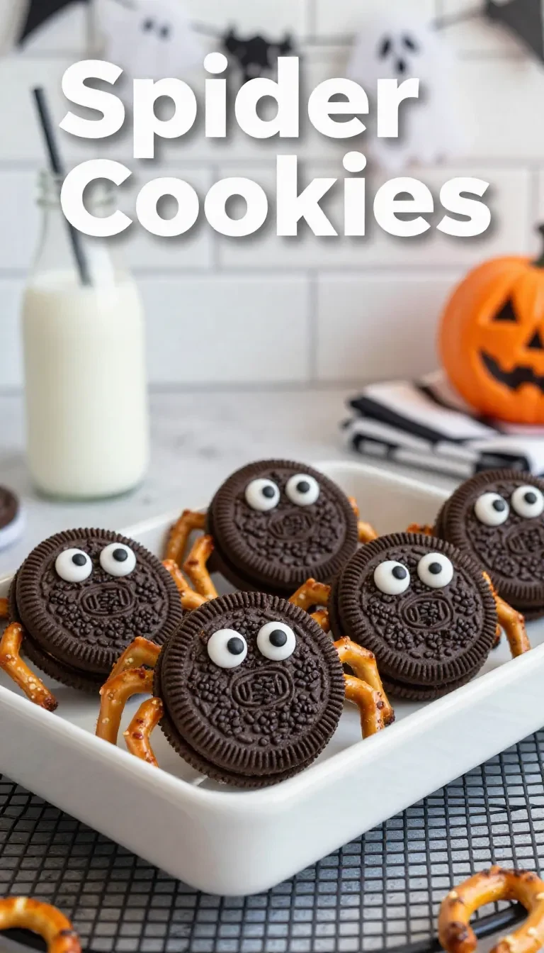 A plate of spooky Oreo cookies decorated with white frosting and googly candy eyes on a dark background.