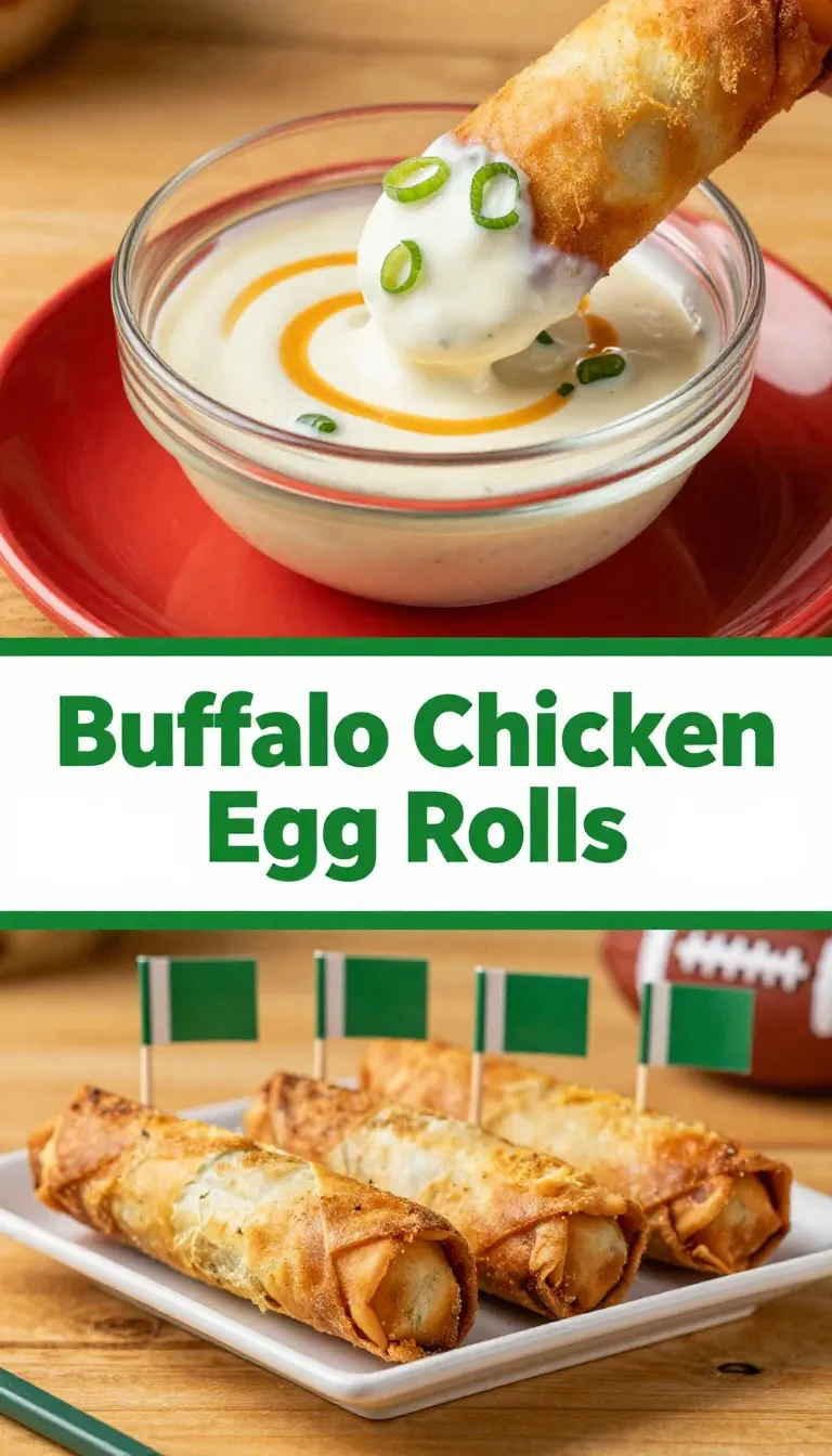 Crispy buffalo chicken egg rolls served with a side of creamy ranch dressing.