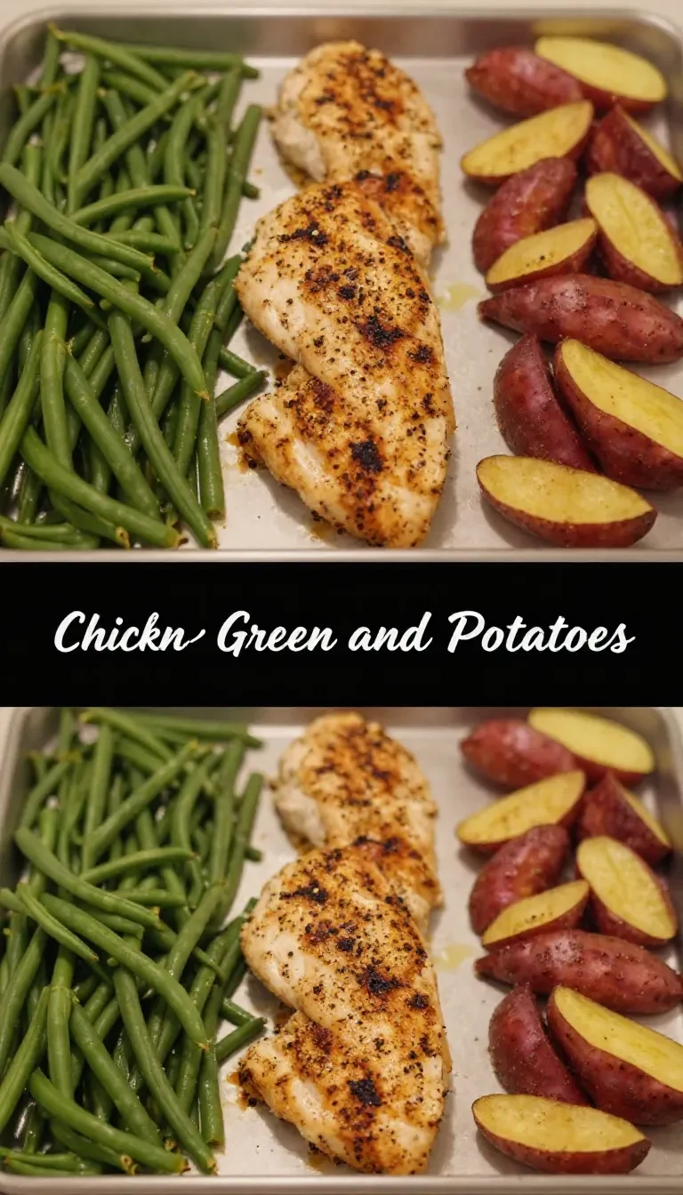 A one-pan meal featuring roasted chicken thighs, green beans, and diced potatoes on a baking sheet.