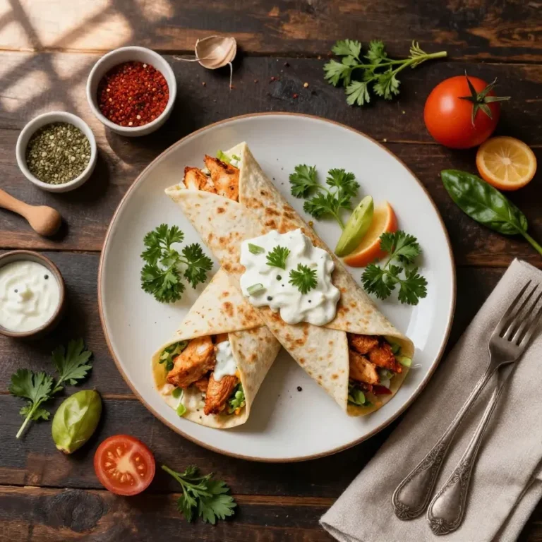 A close-up of a buffalo chicken wrap filled with grilled chicken, lettuce, and creamy dressing on a wooden plate.