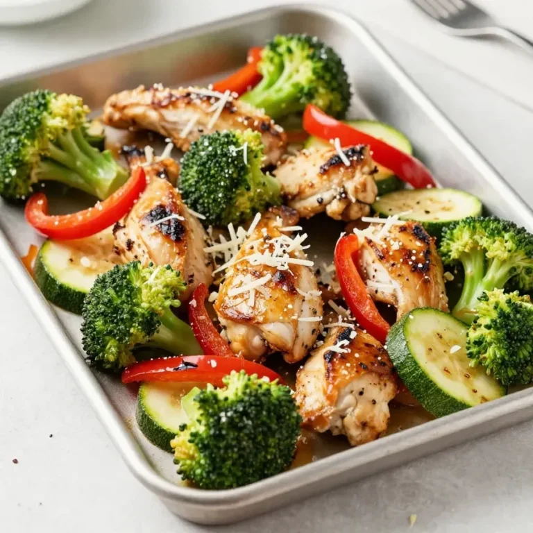 A sheet pan filled with baked Italian-seasoned chicken, colorful vegetables, and fresh herbs.