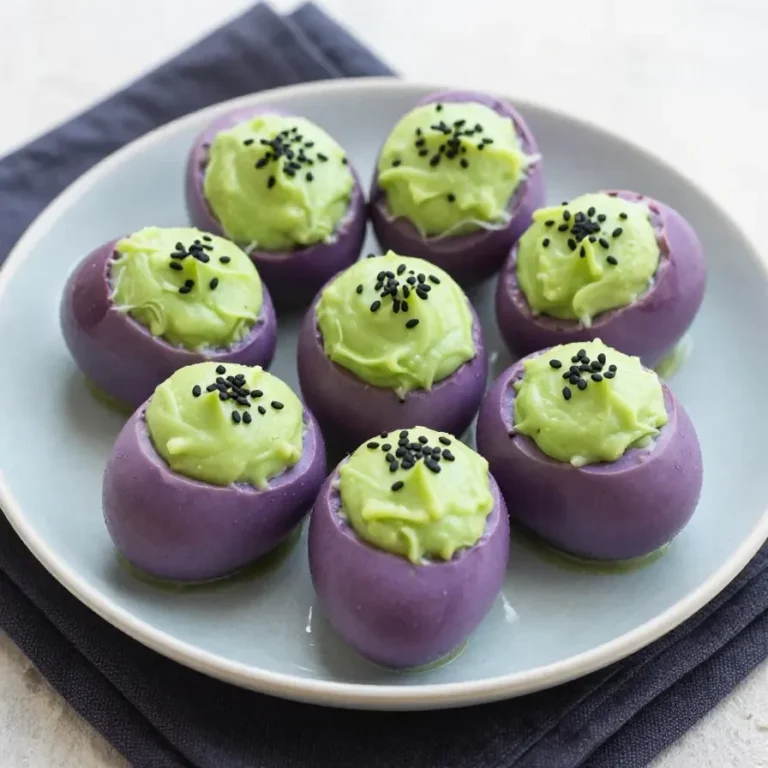 A plate of creepy deviled eggs decorated with edible spiders and blood-like sauce for Halloween.