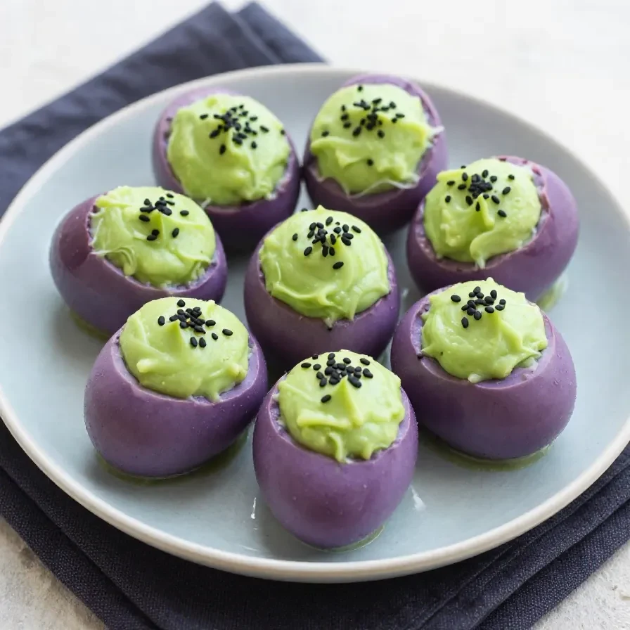 A plate of creepy deviled eggs decorated with edible spiders and blood-like sauce for Halloween.