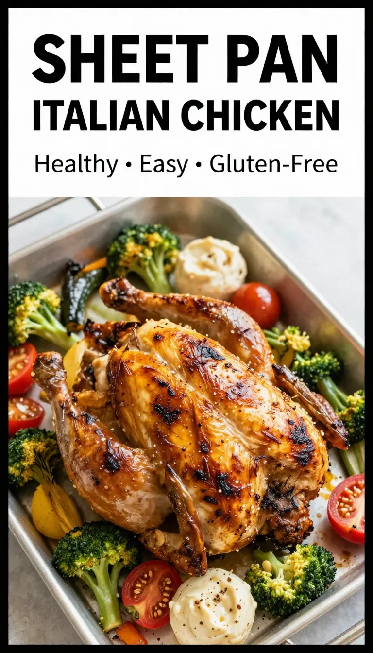 A sheet pan filled with baked Italian-seasoned chicken, colorful vegetables, and fresh herbs.