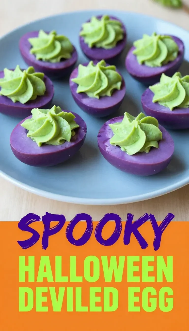 A plate of creepy deviled eggs decorated with edible spiders and blood-like sauce for Halloween.
