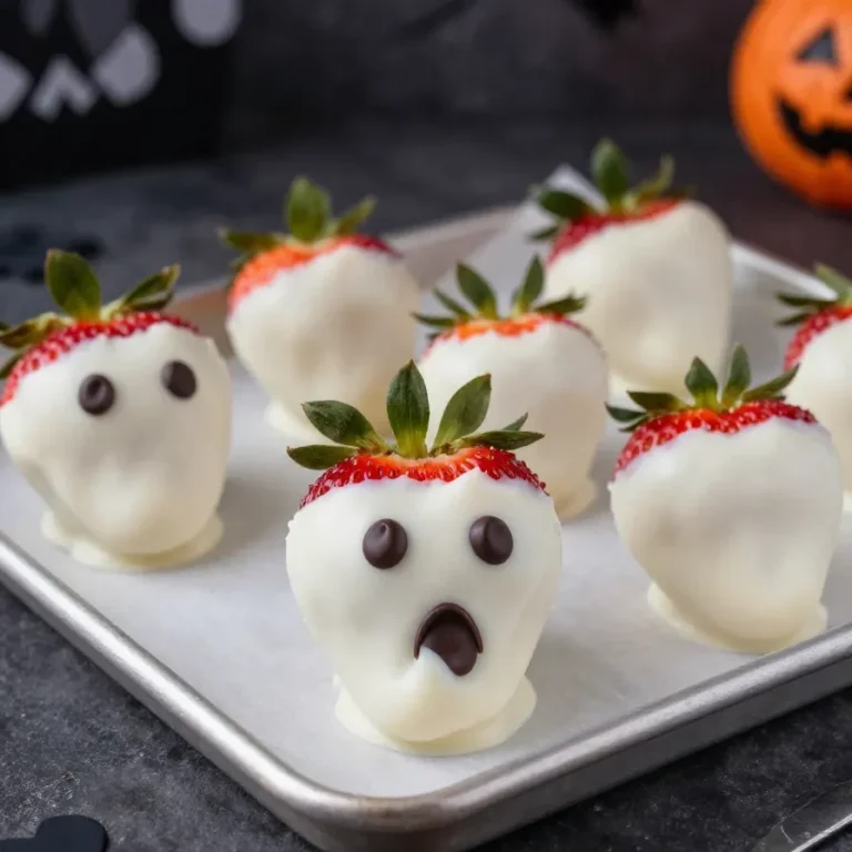 Chocolate covered strawberries decorated to resemble the Ghostface mask from the movie 'Scream'.