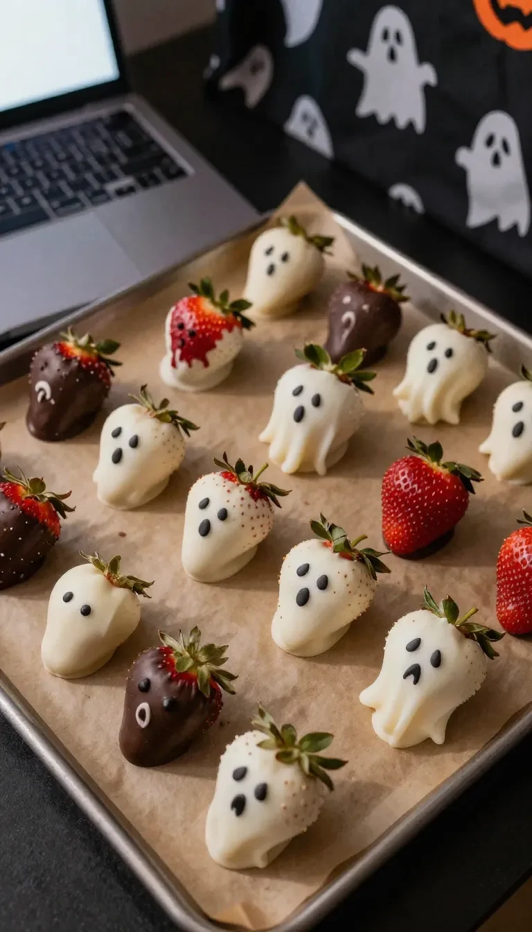 Chocolate covered strawberries decorated to resemble the Ghostface mask from the movie 'Scream'.