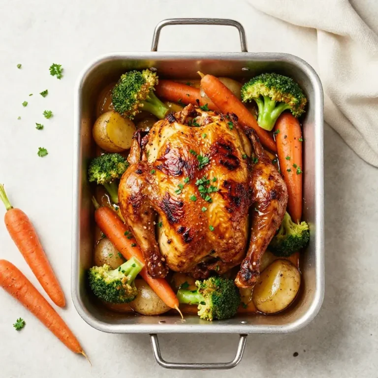 A platter of roasted garlic chicken with browned chicken pieces, carrots, potatoes, and broccoli on a rustic baking tray