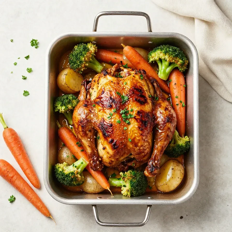 A platter of roasted garlic chicken with browned chicken pieces, carrots, potatoes, and broccoli on a rustic baking tray